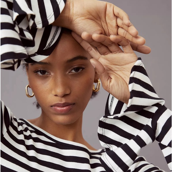 Anthropologie Maeve Flouncy White Black Striped Cotton Top Bell Sleeves Sz M - Picture 2 of 9